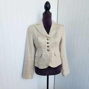 Cynthia Steffe 100% Linen Pleated Detail Beige Gold Buttons Blazer Jacket Size 4